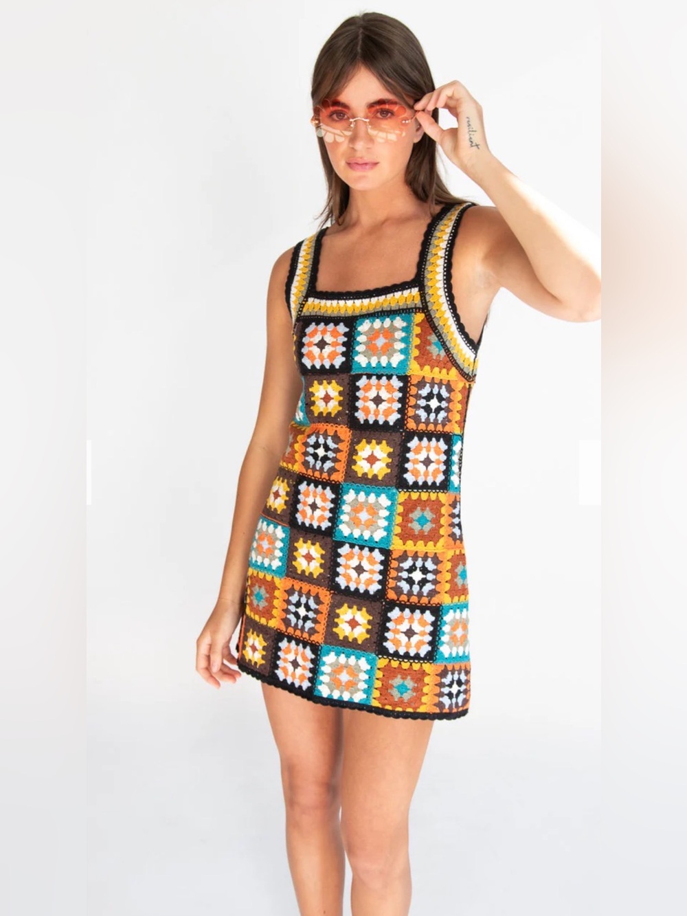 Crochet Granny Square Mini Dress - Multicolor S/M